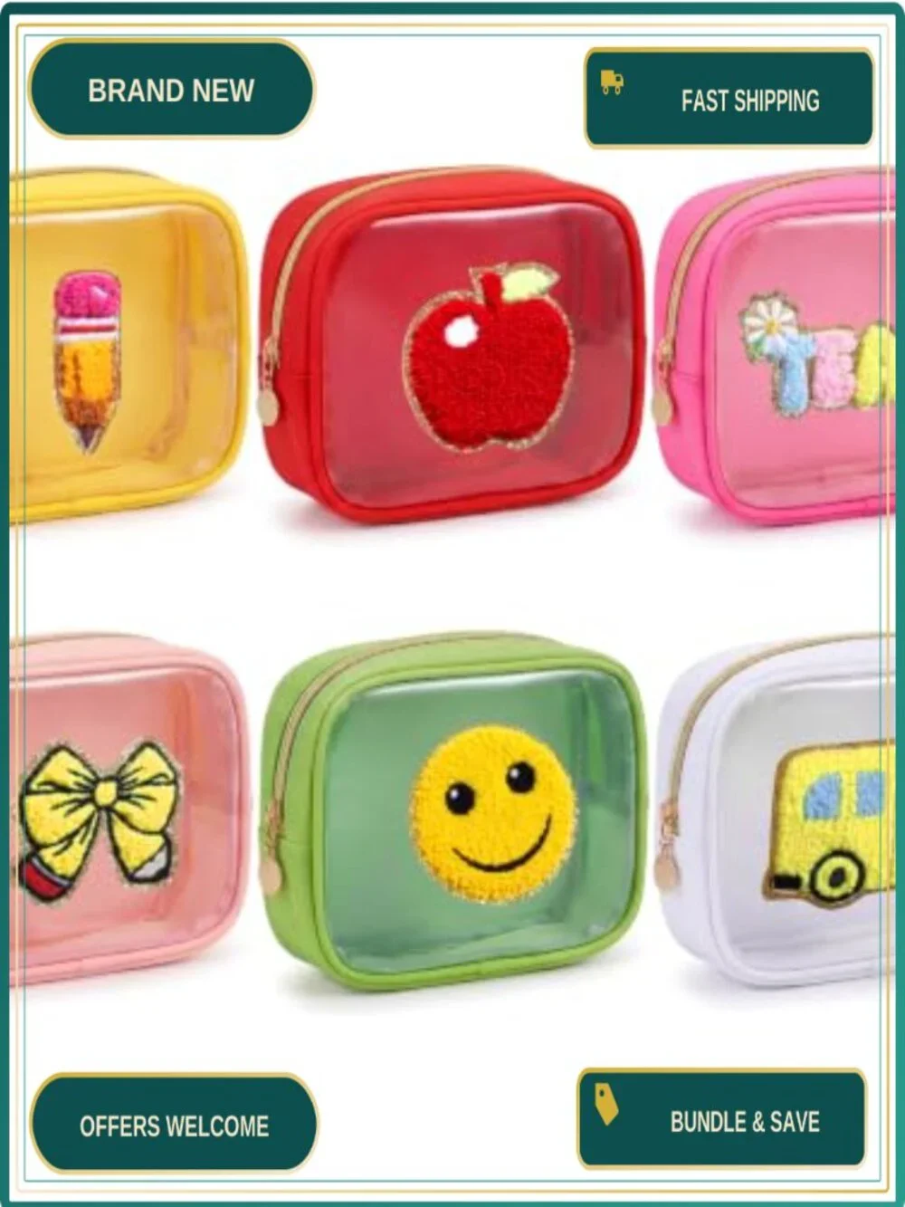 Back to School Embroidery Pencil Pouch Set of 6 Waterproof PVC Clear Cosmetic